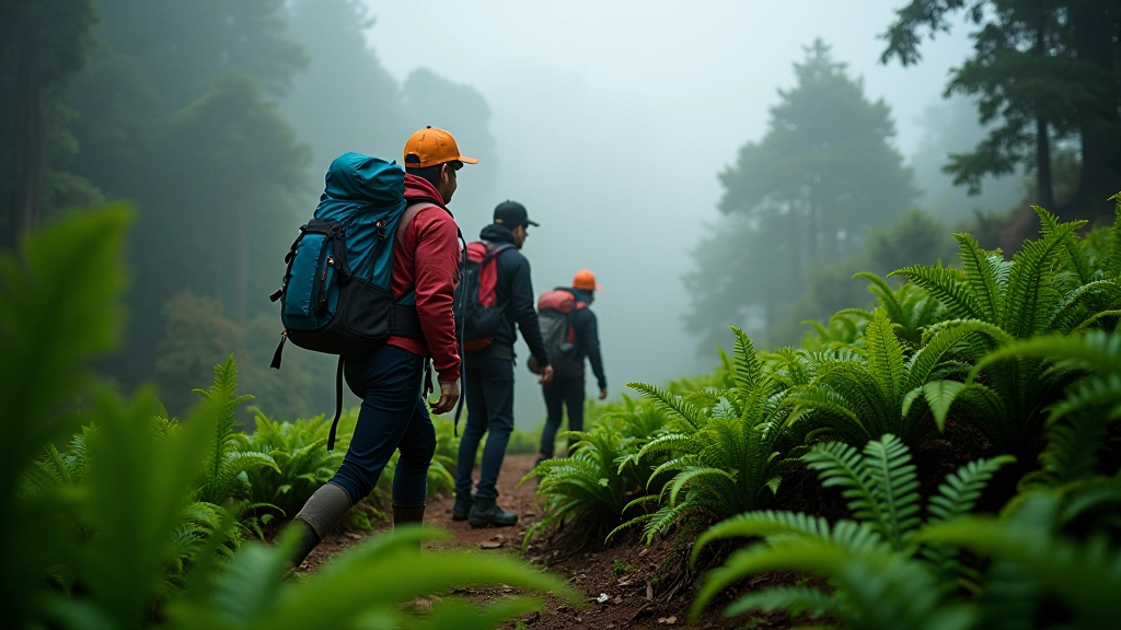 Caminante seguro en sendero de montaña, usando equipo de seguridad, bastones de trekking, bosque nublado al fondo, composición de acción