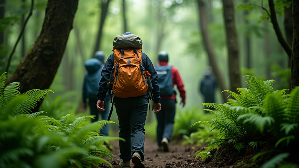 Mochila con equipo de senderismo organizado en el bosque