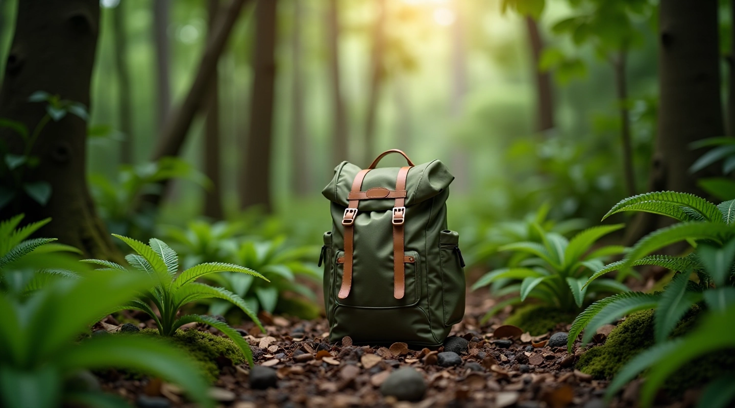 Mochila de senderismo preparada sobre mesa de madera con equipo de caminata organizado, luz natural, enfoque nítido