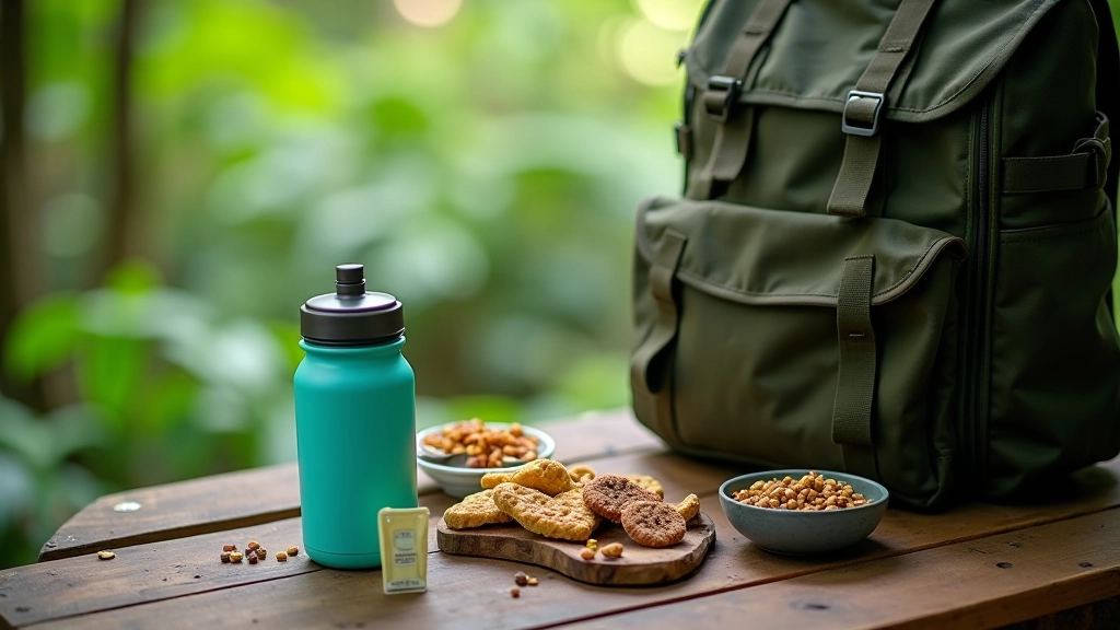 Botella de agua reutilizable, snacks energéticos, y frutos secos organizados sobre mochila de senderismo, luz natural de ventana