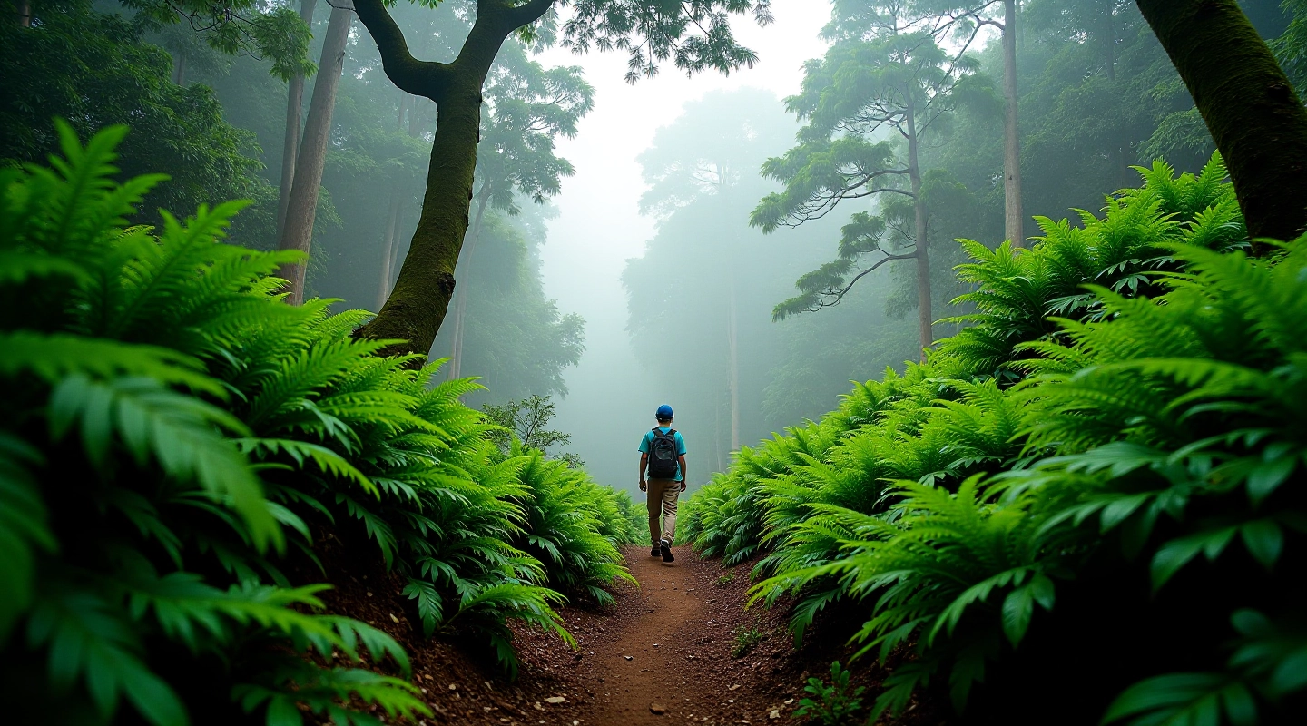 Sendero rodeado de helechos gigantes en el Bosque Estatal de Maricao con dosel de nubes